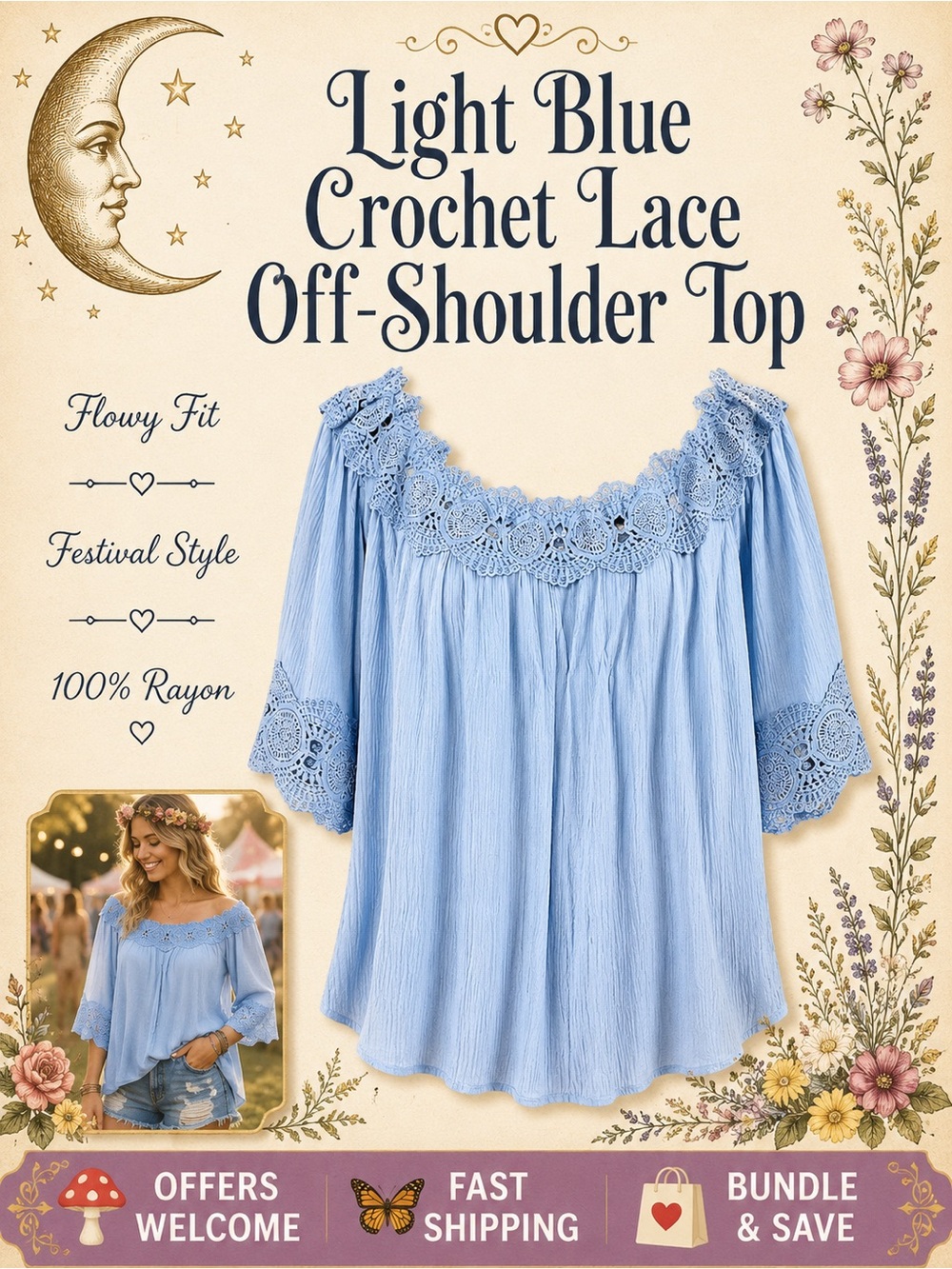 Haute Monde Off‑Shoulder Crochet Lace Top Light Blue Flowy Rayon S/M